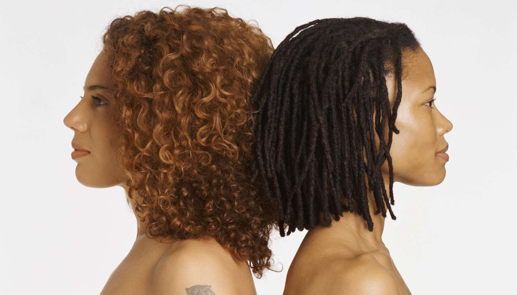 Studio Portrait of Two Young Women Back to Back, One With a Tattoo